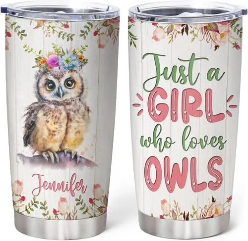 Miniatura 19 de Hyturtle Vaso Personalizado para Amantes de Búhos - Vaso de Café de Acero Inoxidable con Impresión de Búhos y Nombre Personalizado 590 ml con Tapa
