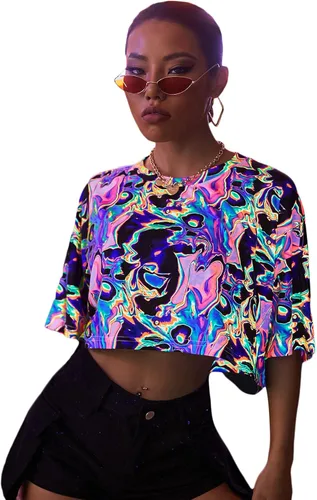 Floerns Camisetas cortas de manga corta con cuello redondo y reflejantes para mujer