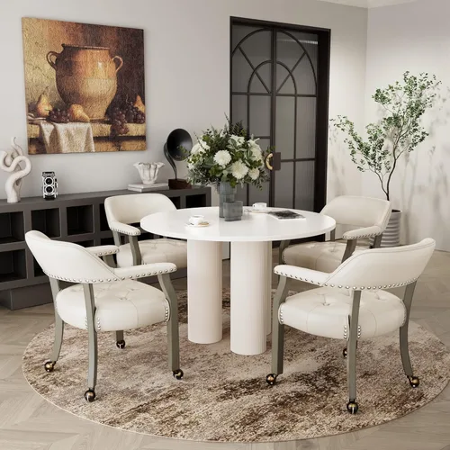 Miniatura 73 de Juego de 8 sillas de cuero de comedor con ruedas y brazos, silla de capitán Accent con ruedas, sillas de madera con ruedas enrollables para cocina