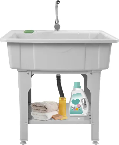 Miniatura 13 de Fregadero de lavandería de plástico independiente blanco con tabla de lavadero, fregadero de utilidad para interiores y exteriores con grifo de agua