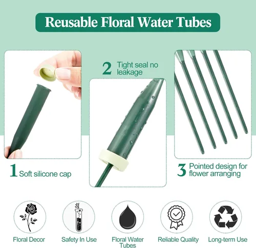 Miniatura 4 de 144 tubos de agua florales verdes, tubos de flores de plástico para flores frescas con tapa de goma para arreglos de tallos florales, 2 tamaños