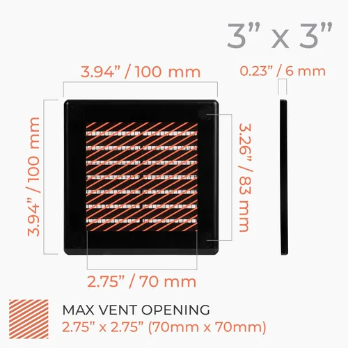 Miniatura 2 de Paquete de 2 cubiertas cuadradas de ventilación de aire de 4" x 4" (tamaño exterior) - Deflector de ventilación de plástico negro - Malla