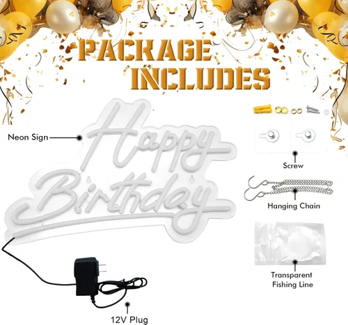 Miniatura 5 de Letrero de neón grande de feliz cumpleaños, letrero LED de 12 V para decoración de pared (22.4 x 14.3 pulgadas)
