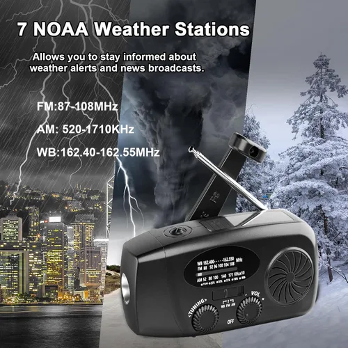Miniatura 7 de Radio meteorológica NOAA con manivela solar de emergencia con AM/FM, cargador de teléfono USB de 2000 mAh y 3 linterna LED, alarma SOS para Negro