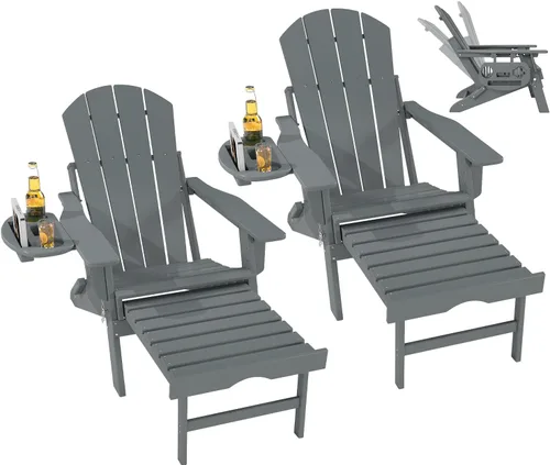 Miniatura 16 de FOOWIN Silla Adirondack plegable ajustable con otomana retráctil, silla Adirondack de polietileno de alta densidad con bandejas 4 en 1, resistente a
