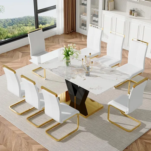 Miniatura 12 de Juego de mesa de comedor para mesa de comedor de mármol de 6,71 pulgadas, mesa de cocina moderna con 6 sillas de piel sintética, juego de mesa