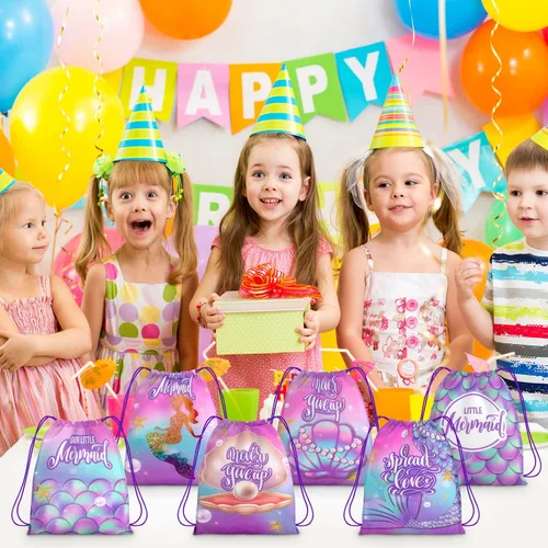 Miniatura 6 de Paquete de 12 bolsas con cordón para fiesta de sirena, para cumpleaños de niños, niñas, con cordón, mochila como bolsa de botín y regalos