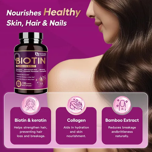 Miniatura 3 de NATURE TARGET Biotin 10000mcg Vitaminas para el crecimiento del cabello – Suplemento para el crecimiento del cabello de máxima fuerza con colágeno