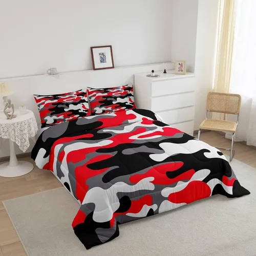 Miniatura 4 de Erosebridal Juego de ropa de cama de camuflaje, juego de edredón de camuflaje rojo y negro para niños y niñas, juego de edredón de estilo militar