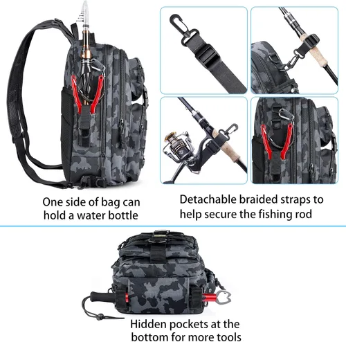 Miniatura 6 de PLUSINNO - Bolsa de almacenamiento para mochila de pesca, mochila de hombro para exteriores, bolsa de equipo de pesca, mochila de pesca resistente