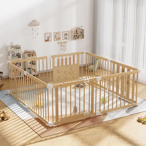Miniatura 3 de Corralito de madera para bebés, 2 paneles separados, corralito grande para bebés y niños pequeños, centro de actividades plegable para interiores