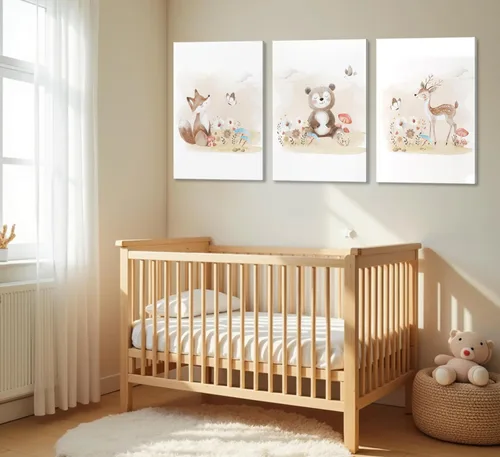 Miniatura 2 de MIZILI Lienzo de animales del bosque para cuarto de bebé, arte de pared, pinturas de animales salvajes, acuarela, decoración de pared, oso zorro
