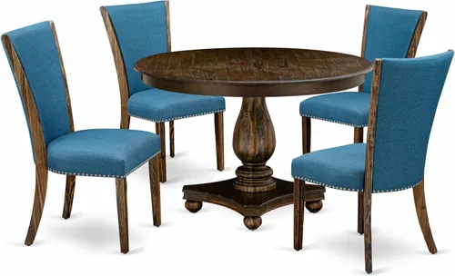 East West Furniture F2VE5-721 - Juego de mesa de comedor de 5 piezas para 4 personas, incluye una mesa de cocina redonda con pedestal y 4 sillas