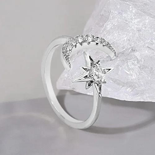 Miniatura 3 de Anillos de luna cúbica para mujer anillo abierto AAAA circonita cúbica luna y estrella abierta ajustable para EE UU 5-9 Metal Metal Cristal Zirconia