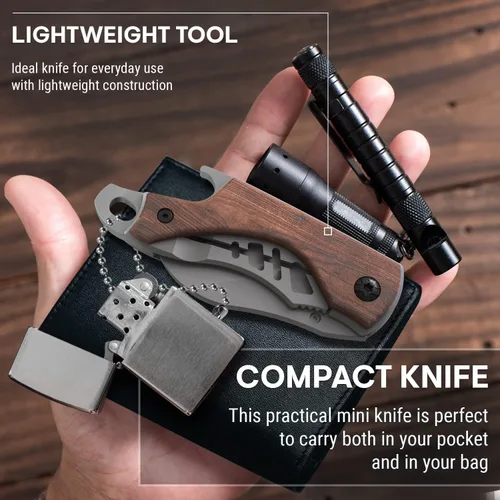 Miniatura 9 de Cuchillo de bolsillo pequeño para hombres – Cuchillo de llavero de 5.7 pulgadas con abridor de botellas – Cortador de cajas – Mango de madera