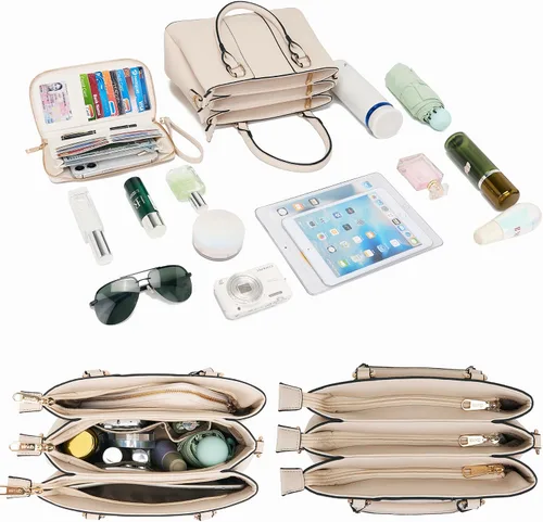 Miniatura 6 de Juego de bolsos y billeteras para mujer, bolso cruzado con asa superior, bolso de mano, cartera de hombro de cuero sintético A7-2pcs/Set Beige