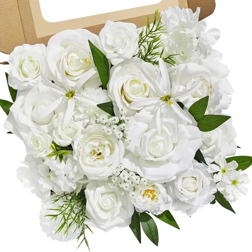 Miniatura 11 de Serwalin Flores de seda, flores artificiales burdeos para decoración de boda, rosas falsas rosas rosas y rojas con tallos y caja de vegetación, A