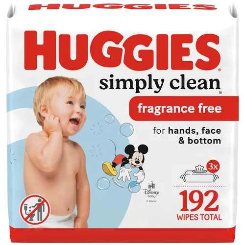 Huggies Simply Clean Toallitas para Bebé sin Fragancia, 3 Paquetes con Tapa Abatible (192 Toallitas en Total), el Empaque Puede Variar