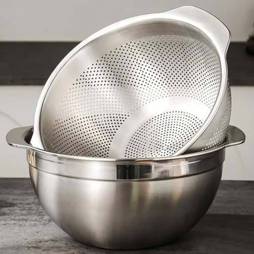 Miniatura 7 de Colador de Micropozos de Acero Inoxidable 18/8, Gran Capacidad de 2.5 Cuartos con Mango, Cesta Coladora de Alimentos de Cocina para Lavar Verduras