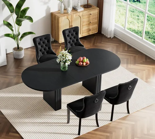 Miniatura 2 de Juego de 4 mesas de comedor extensibles, mesa de comedor ovalada negra y 4 sillas de comedor de terciopelo negro con patas de madera, juego de mesa