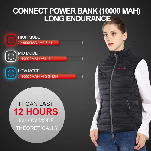 Miniatura 3 de CONQUECO Chaleco calefactable, chaleco térmico ligero para mujer con batería
