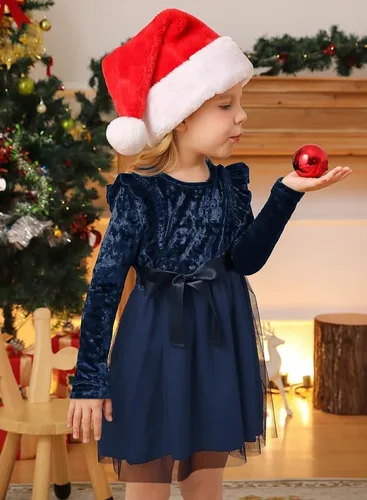Miniatura 5 de IIMMER Vestido midi de tul de manga larga con volantes de terciopelo para niñas pequeñas de Navidad