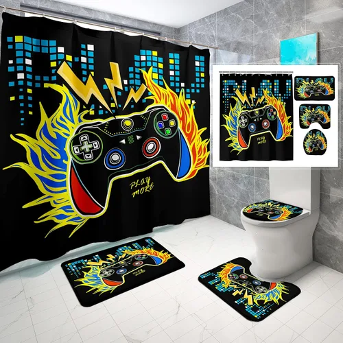 Miniatura 16 de BATATADOCE Juego de baño Gaming con cortina de ducha y alfombras para niños