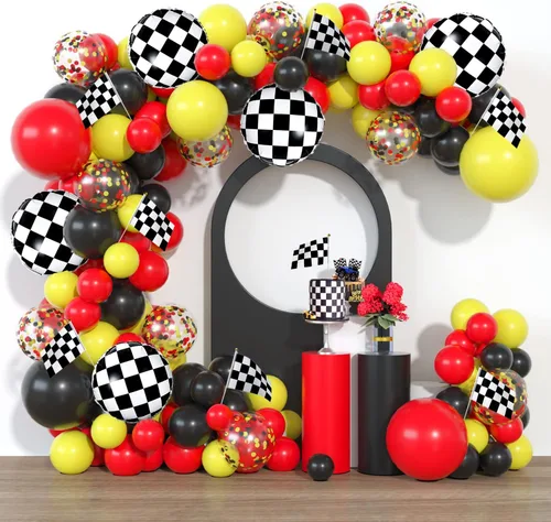 Kit de guirnalda de globos de látex rojo, negro y amarillo, arco de globos de látex blanco y negro, bandera para baby shower, autos, camiones,