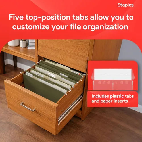 Miniatura 5 de Staples Carpetas colgantes para archivos, tamaño carta, pestañas de corte de 1/5, verde estándar, incluye pestañas e insertos de papel, paquete