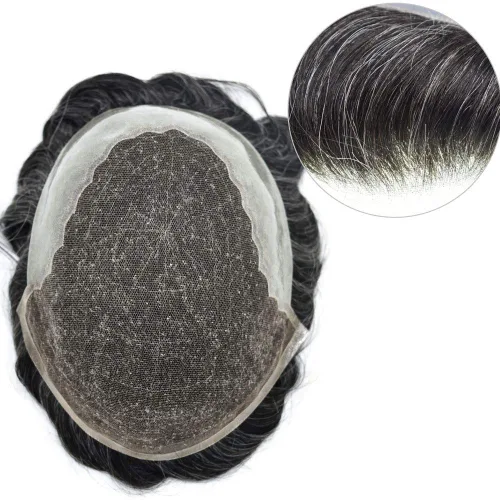 Miniatura 5 de Toupee para hombres, sistema de reemplazo de cabello humano Remy, nudos blanqueados, encaje frontal, piel fina, para hombre, color gris, pelucas