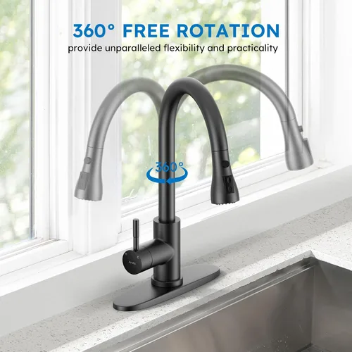 Miniatura 5 de Arofa Grifo de cocina negro mate, grifo de fregadero de cocina con rociador abatible, de una sola manija, de acero inoxidable, comercial, moderno