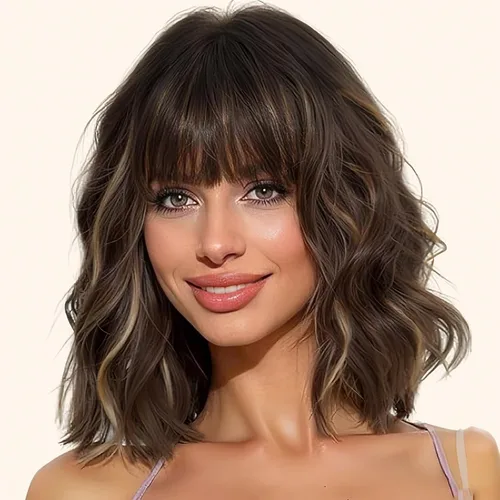 Miniatura 16 de AISI HAIR Peluca Bob Sintética Rizada y Ondulada Marrón Natural con Flequillo para Mujeres, 21-23 Pulgadas Marrón oscuro