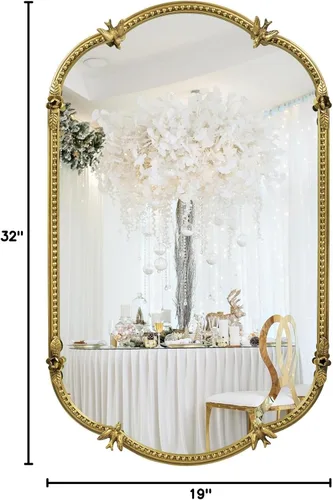 Miniatura 8 de Espejo de pared ovalado dorado de 19 x 32 pulgadas, espejo decorativo con marco de cuentas de metal, bonito patrón de pájaros y flores, espejo