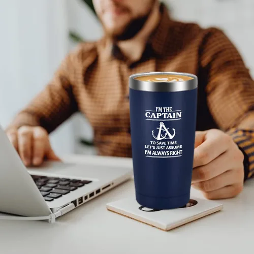 Miniatura 2 de Qtencas Vaso de viaje aislado de acero inoxidable con texto en inglés "I'm The Captain & I'm Always Right", regalos de navegación para hombres, día