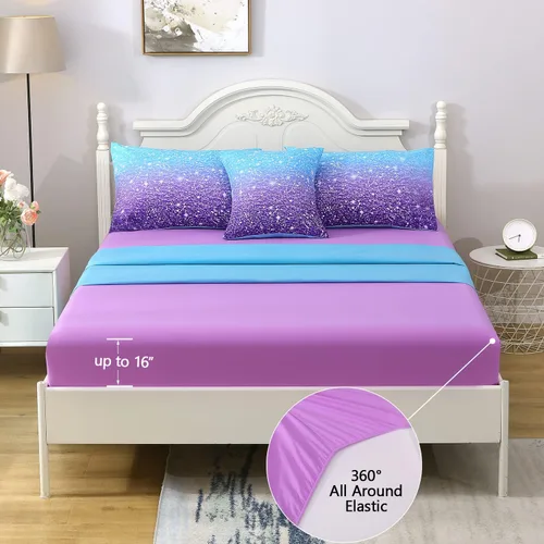 Miniatura 6 de Juego de ropa de cama de 6 piezas con purpurina y sábanas para adolescentes, niñas y niños, cama temática de purpurina con gradiente