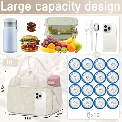 Miniatura 4 de Carry bloom Lonchera para mujer, lonchera aislada, bonita lonchera de pana reutilizable para el trabajo (1 rayas blancas y negras)