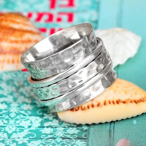Miniatura 6 de Boho-Magic Anillo giratorio de plata de ley 925 para mujer, martillado ancho anillo para ansiedad, Metal