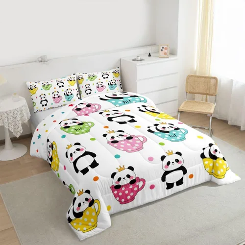 Miniatura 4 de Juego de edredón de panda lindo para niños, 2 piezas, tamaño individual, edredón y juegos de ropa de cama Kawaii Pandas Cupcake para niños y niñas