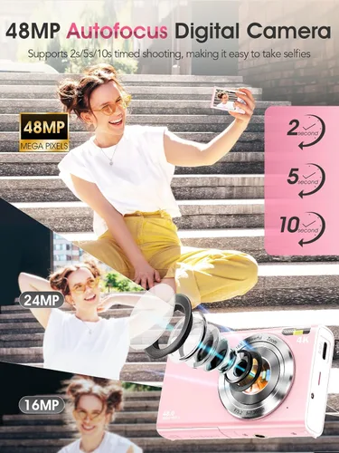 Miniatura 2 de Cámara digital, cámara de videoblogs 4K con enfoque automático para fotografía con tarjeta de 32 GB, cámara digital compacta portátil de 48 Rosa