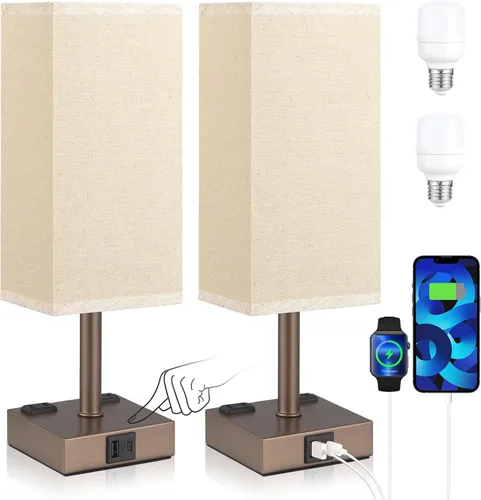 Miniatura 12 de aooshine - Juego de 2 lámparas de mesita de noche con control táctil con puertos de carga USB-C+A y salidas de AC, lámpara de mesita de noche
