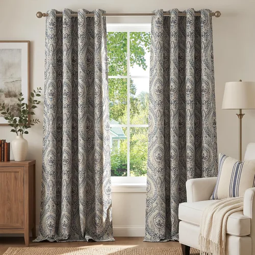 Miniatura 27 de jinchan Cortinas opacas de 72 pulgadas de largo, 2 paneles de medallón de damasco azul, cortinas de ventana para dormitorio, con ojales, aislamiento