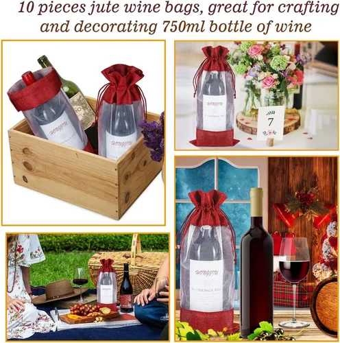 Miniatura 6 de Bolsas de vino de yute, 10 bolsas de arpillera roja para botellas de 25.4 fl oz con ventana transparente, bolsas de regalo de organza con cordón