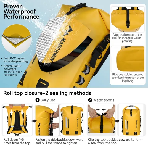 Miniatura 4 de MARCHWAY Mochila impermeable con parte superior enrollable, bolsa seca flotante de 20L/30L/45L con base rectangular ergonómica, espalda acolchada