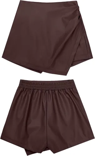 Miniatura 6 de luvamia Pantalones cortos para mujer de piel sintética de cintura alta, pantalones cortos de piel sintética, cintura elástica, faldas fruncidas
