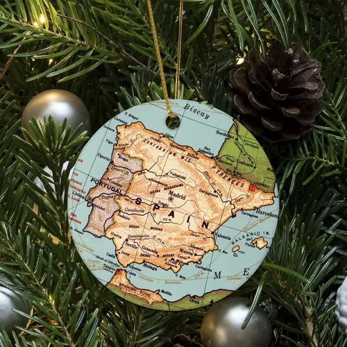 Miniatura 5 de Adorno de Navidad con mapa de España, adorno de árbol de Navidad, destino de 3.2 pulgadas, dos lados impresos con cuerda dorada, adorno moderno