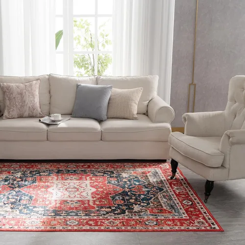 Miniatura 411 de Syalife 4x6 Alfombra Lavable para Área, Ultra Suave Antideslizante, Pila Baja, Alfombra Vintage Resistente a Manchas para Sala de Estar, Alfombra