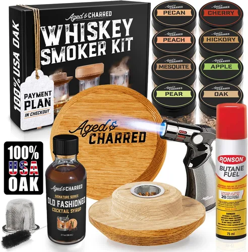 Kit de ahumador de whisky con antorcha y butano y jarabe a la antigua, chips de madera de 8 sabores, 100% roble estadounidense, juego de alta gama,