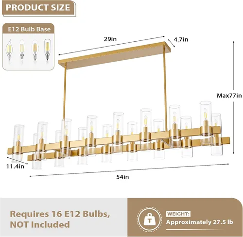 Miniatura 5 de Candelabros Lineales Dorados para Comedor, Candelabro Rectangular de 54" con Vidrio, Candelabros Modernos de 16 Luces Sobre Mesa, Candelabro