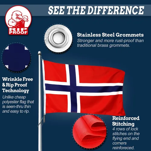 Miniatura 6 de Anley Bandera de Noruega de 3 capas de doble cara a prueba de rasgaduras de 3 x 5 pies, color vivo, cabecera de lona y resistente a las arrugas