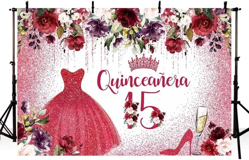 Miniatura 3 de Telón de fondo de feliz cumpleaños número 15 para niña, quinceañera, flores rojas burdeos, fondo de fotografía, corona roja, decoración de fiesta